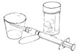 Picture of medication cup, syringe, pill bottle, suppository